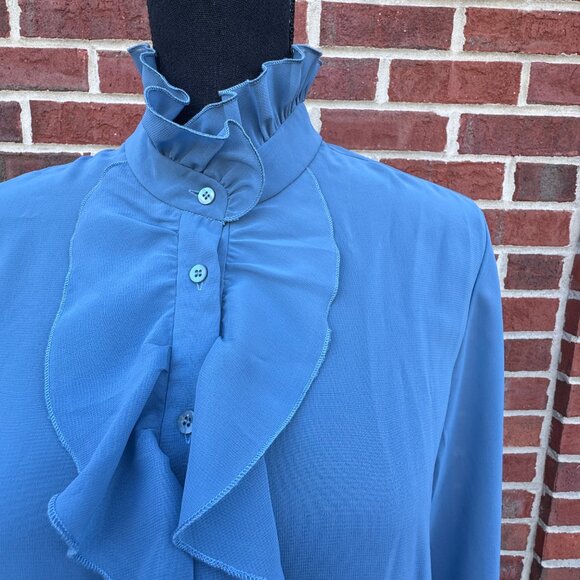 Sheer Feminine Blouse Teal Blue Medium Romantic Regal Ruffle - Picture 7 of 16